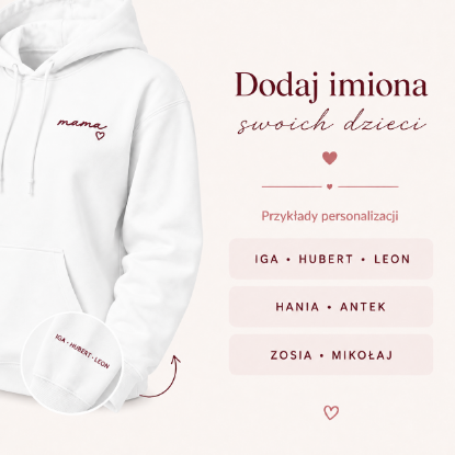 Obrazek Personalizowana bluza biała dla Mamy z imionami dzieci – haft MAMA z sercem