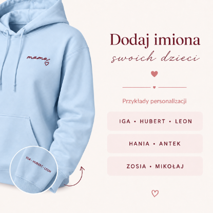 Obrazek Personalizowana bluza jasnoniebieska dla Mamy z imionami dzieci – haft MAMA z sercem