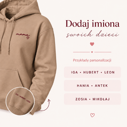 Obrazek Personalizowana bluza jasny brąz dla Mamy z imionami dzieci – haft MAMA z sercem