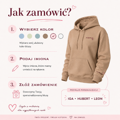 Obrazek Personalizowana bluza jasny brąz dla Mamy z imionami dzieci – haft MAMA z sercem