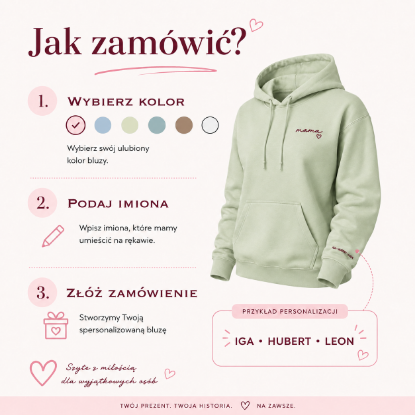 Obrazek Personalizowana bluza pistacjowa dla Mamy z imionami dzieci – haft MAMA z sercem