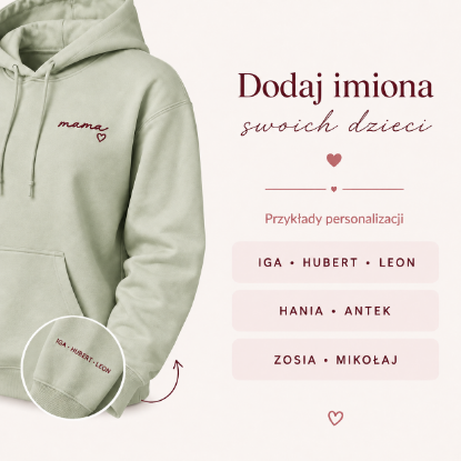 Obrazek Personalizowana bluza pistacjowa dla Mamy z imionami dzieci – haft MAMA z sercem