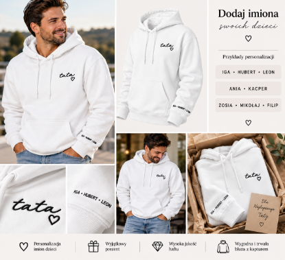 Obrazek Personalizowana biała bluza dla Taty z imionami dzieci – haft TATA z sercem