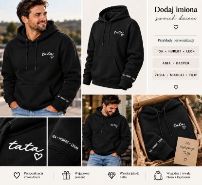 Obrazek Personalizowana czarna bluza dla Taty z imionami dzieci – haft TATA z sercem