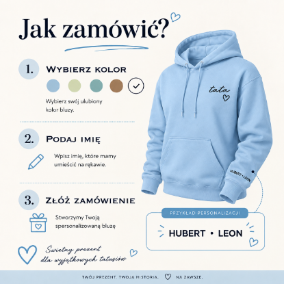 Obrazek Personalizowana jasnoniebieska bluza dla Taty z imionami dzieci – haft TATA z sercem