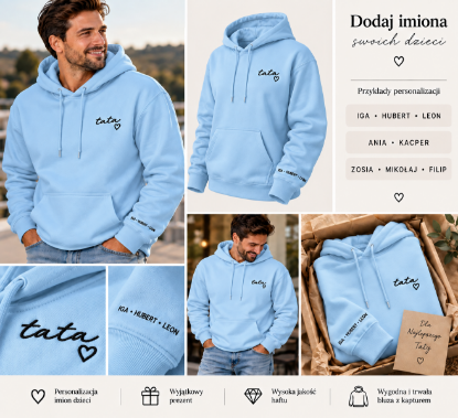 Obrazek Personalizowana jasnoniebieska bluza dla Taty z imionami dzieci – haft TATA z sercem